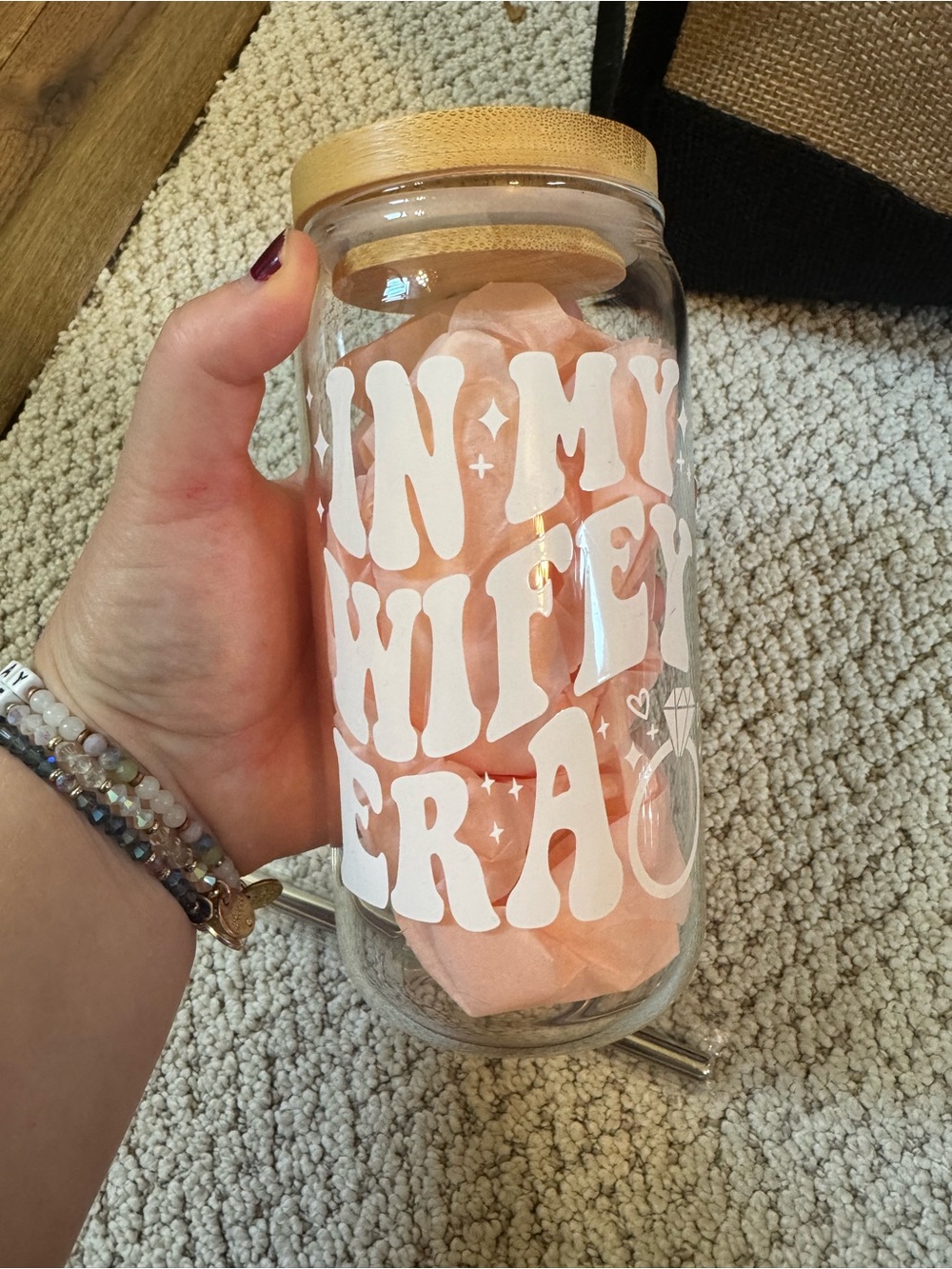Glass Mason Jar Tumbler with Bamboo Lid - White Wifey Lettering